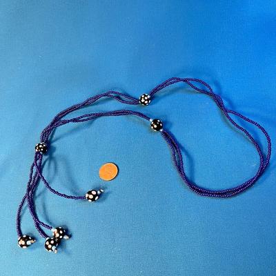 BLUE, BLACK POLKA DOT GLASS BEAD NECKLACE