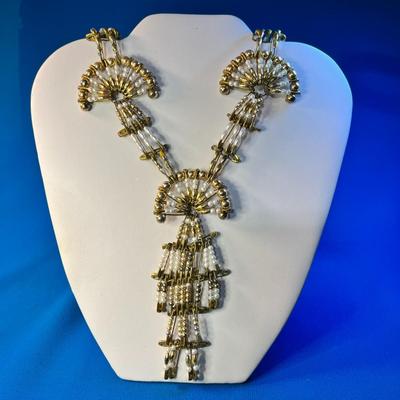 GOLD, WHITE SQUASH BLOSSOM NECKLACE MADE OF SAFETY PINS & BEADS