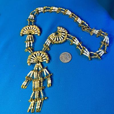 GOLD, WHITE SQUASH BLOSSOM NECKLACE MADE OF SAFETY PINS & BEADS