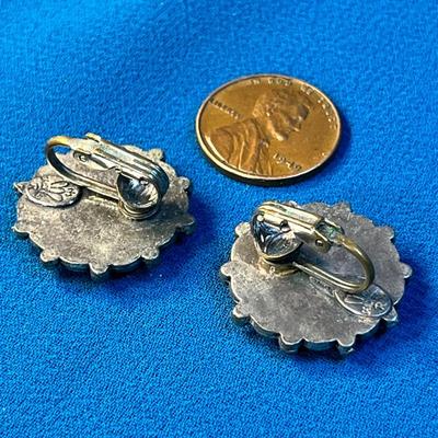 PRETTY ROUND TURQUOISE EARRINGS WITH FANCY SILVER TONE SETTING by SANCREST
