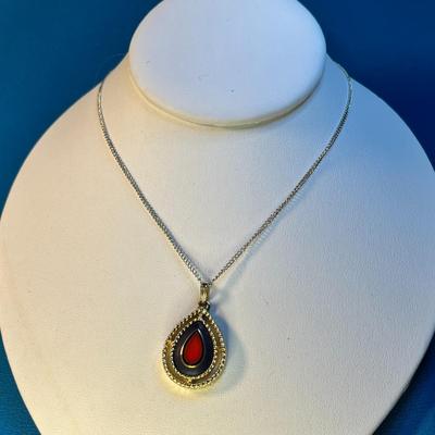 TEARDROP SHAPED PENDANT NECKLACE RED, PURPLE INSET by ACT II