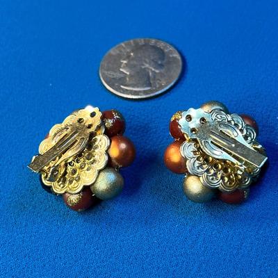 VINTAGE GOLD, BLACK, ORANGE CLUSTER BEAD EARRINGS