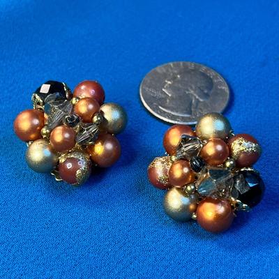 VINTAGE GOLD, BLACK, ORANGE CLUSTER BEAD EARRINGS
