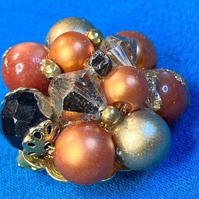 VINTAGE GOLD, BLACK, ORANGE CLUSTER BEAD EARRINGS