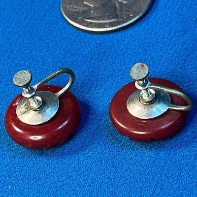 VINTAGE CARVED PLUM CHERRY BAKELITE BUTTON EARRINGS