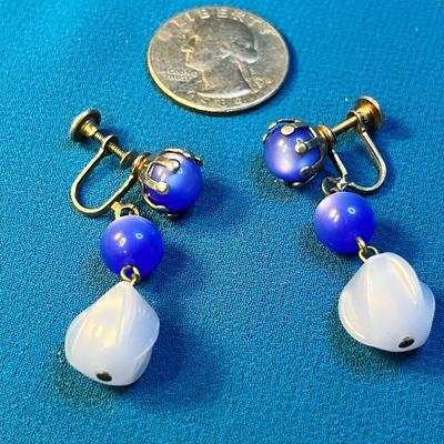 TWO TONE BLUE DANGLY EARRINGS 