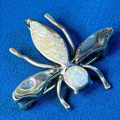 INTERESTING STERLING INSECT PIN WITH INSET ABALONE & MOTHER OF PEARL
