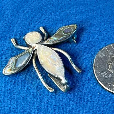 INTERESTING STERLING INSECT PIN WITH INSET ABALONE & MOTHER OF PEARL