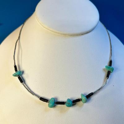 SILVER NECKLACE WITH TUBE BEADS & TURQUOISE
