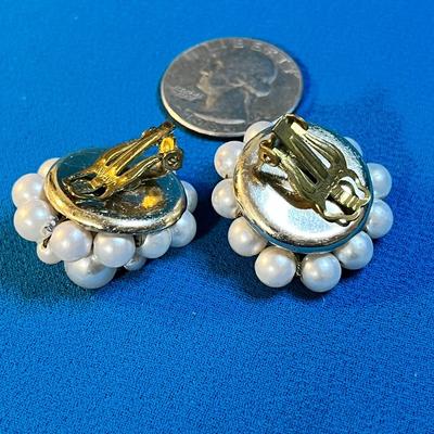 VINTAGE FAUX PEARL & FACETED PINK GLASS BEAD CLUSTER EARRINGS MADE IN JAPAN
