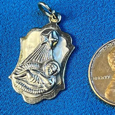 SILVERTONE, MOTHER OF PEARL NECKLACE PENDANT BABY JESUS, STAR MADE IN BETHLEHEM
