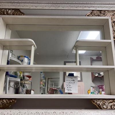 Mid century gold and white hanging shelf mirror