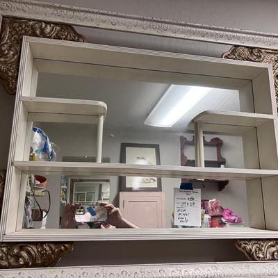 Mid century gold and white hanging shelf mirror