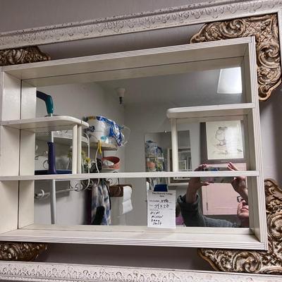 Mid century gold and white hanging shelf mirror