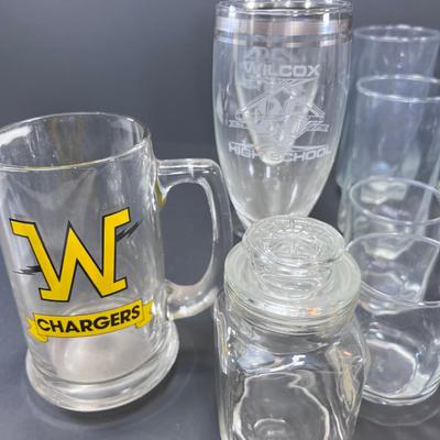 Clear glass drinking glasses ases, and wine goblets