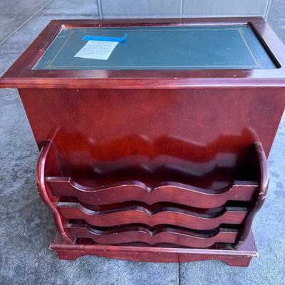 2 sided glame cabinet with leather top, small pull out writing are