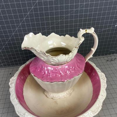 ANTIQUE Victorian Era Wash Basin and Pitcher Pink & White. 