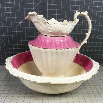 ANTIQUE Victorian Era Wash Basin and Pitcher Pink & White. 