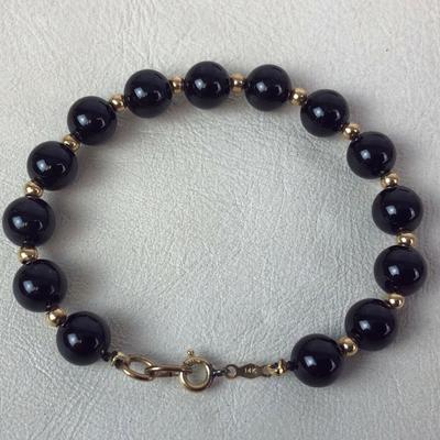  elegant ONYX BEAD & GOLD BRACELET 14K