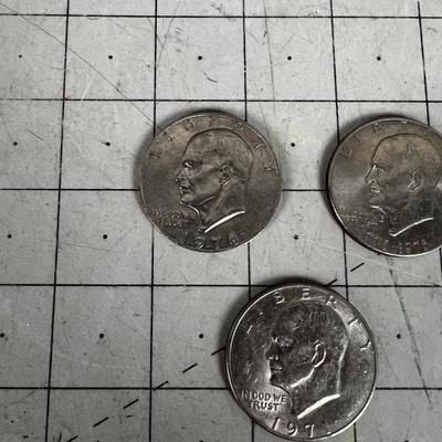 3 Eisenhower Silver Dollars, 71' ,76' & 78' 