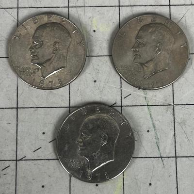 3 Eisenhower Silver Dollars, 71' ,76' & 78' 