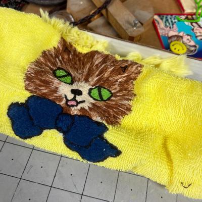 Tray of Vintage Items, Cat Towel, Needles, Coin Purse.