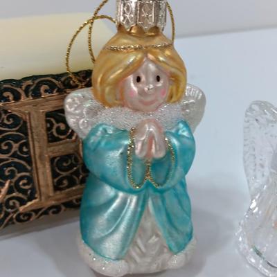 Little Angel figures ornaments and an Avon Peace candle