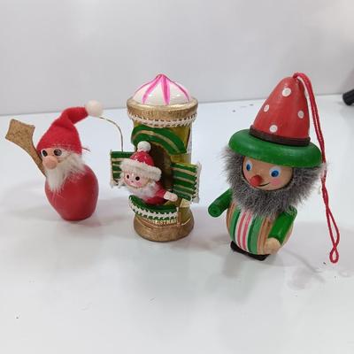 Three vintage wooden Christmas tree ornaments - Santa - Mail and elf