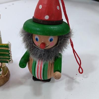 Three vintage wooden Christmas tree ornaments - Santa - Mail and elf