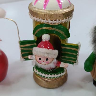 Three vintage wooden Christmas tree ornaments - Santa - Mail and elf