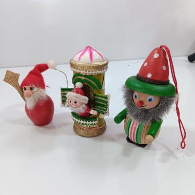 Three vintage wooden Christmas tree ornaments - Santa - Mail and elf