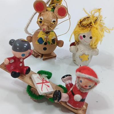 Three wooden Christmas tree ornaments Mouse - angel - teetertotter