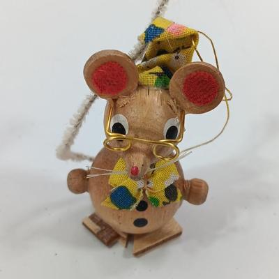 Three wooden Christmas tree ornaments Mouse - angel - teetertotter