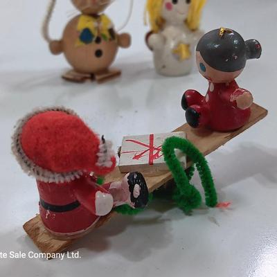 Three wooden Christmas tree ornaments Mouse - angel - teetertotter