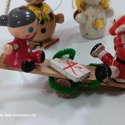 Three wooden Christmas tree ornaments Mouse - angel - teetertotter