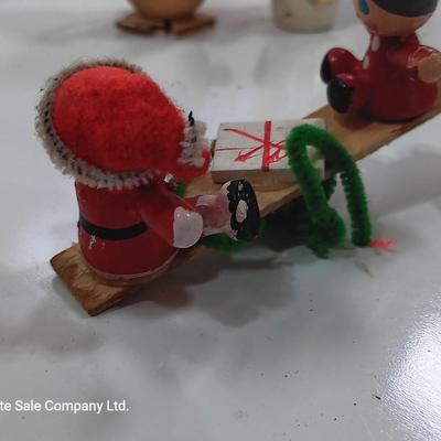 Three wooden Christmas tree ornaments Mouse - angel - teetertotter