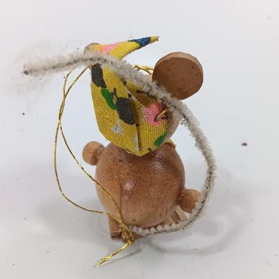 Three wooden Christmas tree ornaments Mouse - angel - teetertotter