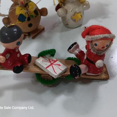 Three wooden Christmas tree ornaments Mouse - angel - teetertotter