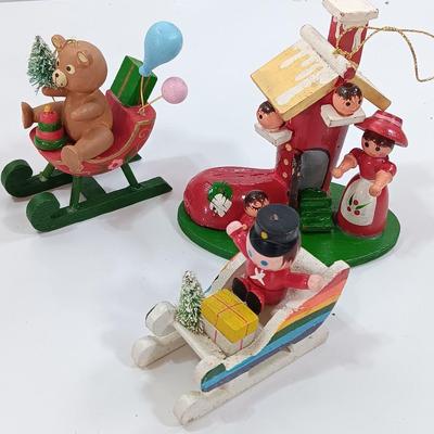 Three wooden Christmas tree ornaments Shoe - rainbow sleigh - and bear