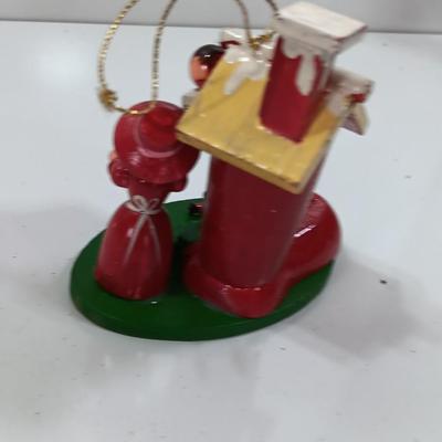 Three wooden Christmas tree ornaments Shoe - rainbow sleigh - and bear