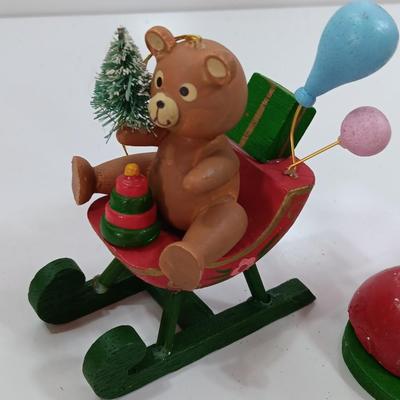 Three wooden Christmas tree ornaments Shoe - rainbow sleigh - and bear
