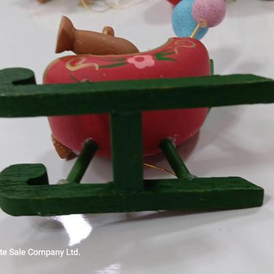 Three wooden Christmas tree ornaments Shoe - rainbow sleigh - and bear
