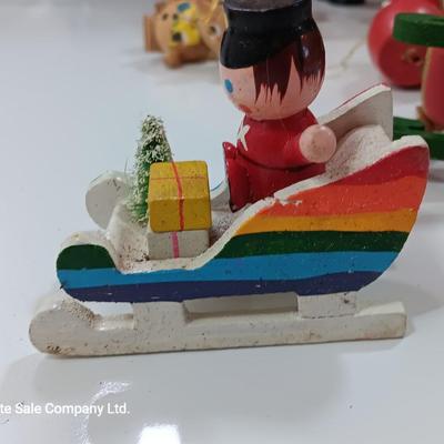 Three wooden Christmas tree ornaments Shoe - rainbow sleigh - and bear