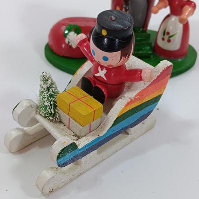 Three wooden Christmas tree ornaments Shoe - rainbow sleigh - and bear