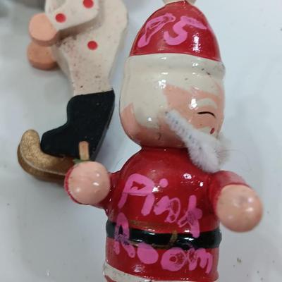 Three vintage wooden Christmas tree ornaments - Santa -Drummer boy - skier