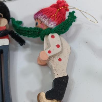 Three vintage wooden Christmas tree ornaments - Santa -Drummer boy - skier