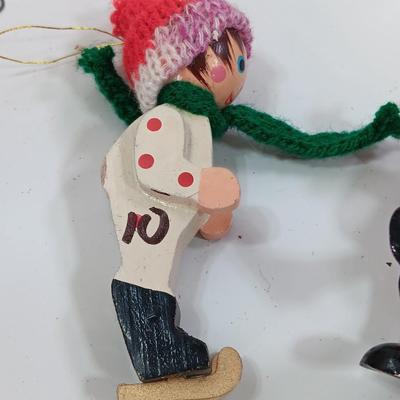 Three vintage wooden Christmas tree ornaments - Santa -Drummer boy - skier