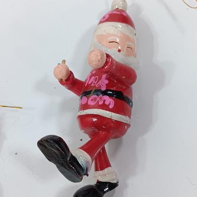 Three vintage wooden Christmas tree ornaments - Santa -Drummer boy - skier