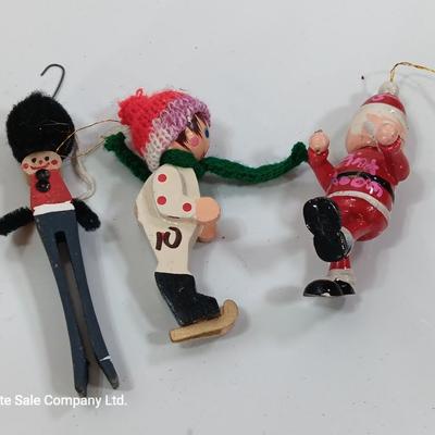 Three vintage wooden Christmas tree ornaments - Santa -Drummer boy - skier