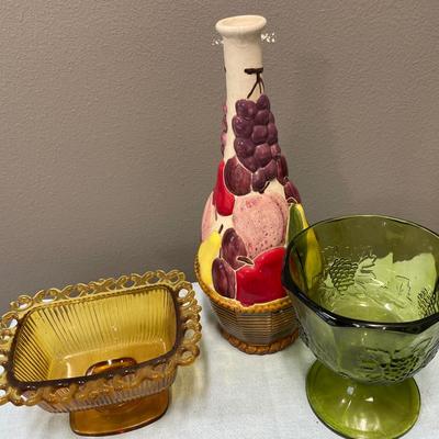 Tall ceramic fruit bottle and 2 color glass bowls